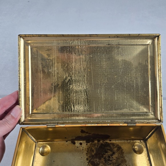 Vintage English Floral Tin Box Chinoiserie Garden Scene Hinged Metal Container - Picture 10 of 11